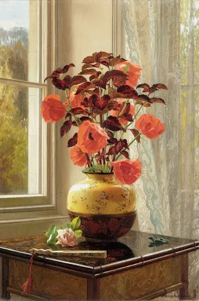 Oriental Poppy And Coleus In A Cloisonne Vase