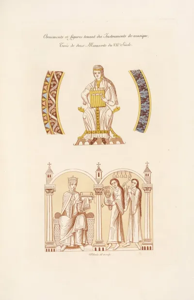 Ornements Et Figures Tenant Des Instruments De Musique Tires De Deux Manuscrits De Viie Siecle