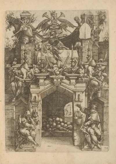 Ossuary Decorated With Bones Mourning People Candles And Weapons