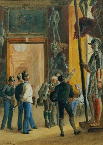 Osterreichische Offiziere Und Zwei Tiroler Besichtigen Die Ambraser Sammlung Im Unteren Belvedere