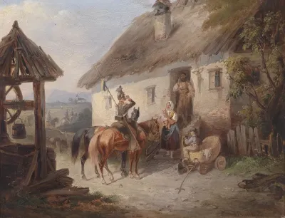 Osterreichische Ulanen Vor Einem Bauernhaus