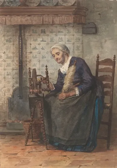 Oude Vrouw In Interieur Aan Spinnewiel