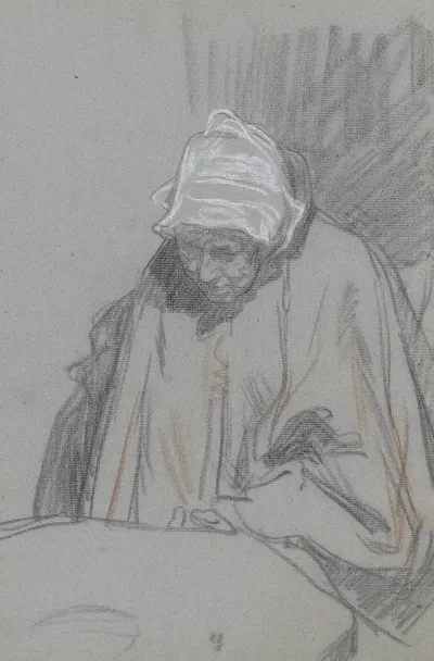 Oudere Vrouw Zittend Aan Een Tafel Het Hoofd Voorover Gebogen