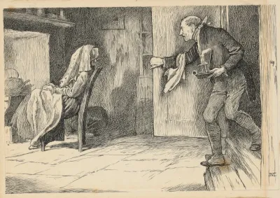 Our Mutual Friend Lady Seated Before Hearth With Kerchief Over Her Face Man Coming Through Door Bearing A Candle