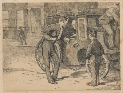 Our Mutual Friend Man In Evening Clothes Speaks To Man Inside Horse Drawn Cab Small Boy Stands Next To Coach