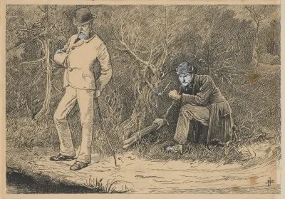 Our Mutual Friend Man In White Suit Leaning On Stick Man In Dark Suit Crouches Behind Him Holding A Club