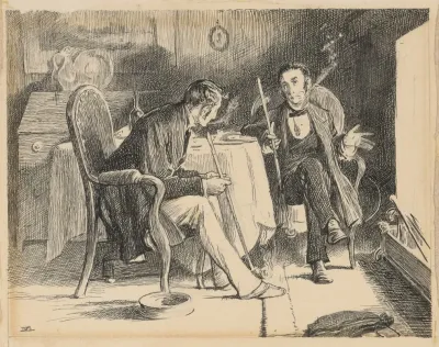 Our Mutual Friend Two Gentlemen Holding Long Pipes Seated Before Fireplace