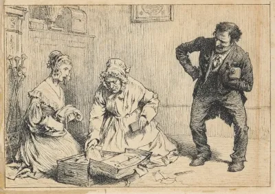 Our Mutual Friend Two Women Kneeling Before Small Open Trunk Man In Dark Suit Stands Watching