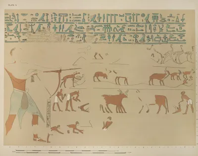 Outdoor Sports And Occupations Sebeknekht Bending His Bow Two Ploughmen Ploughing With Oxen The Sower Etc