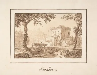 Oxcart Approaching A Fortified Building