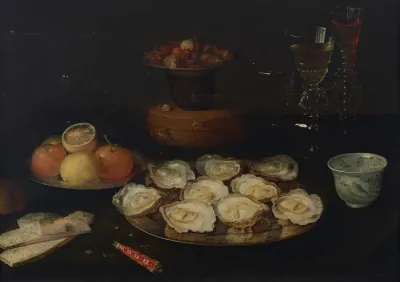 Oysters On A Pewter Dish A Wanli Porcelain Bowl Three Facon De Venise Wine Glasses Oranges Lemons