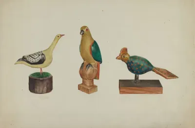Pa German Three Carved And Painted Birds