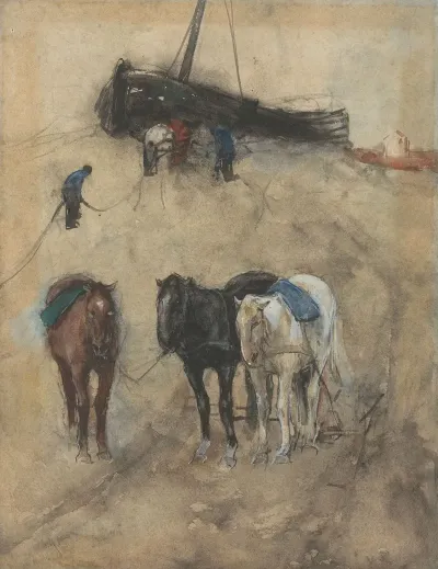 Paarden Op Het Strand Op De Achtergrond Een Schuit En Vissers 2