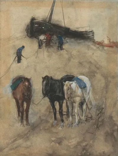 Paarden Op Het Strand Op De Achtergrond Een Schuit En Vissers