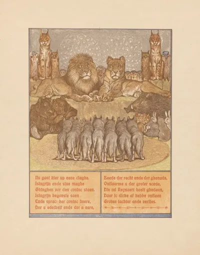 Pack Of Wolves In Front Of A Reclining Lion Nobel And Lioness Gentel