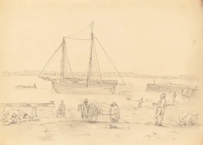 Packet Boat Grounded For Tarring Beside Wharf Men And Wagon In Foreground