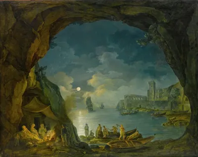 Paesaggio Notturno Con Astanti In Una Grotta Mediterranea
