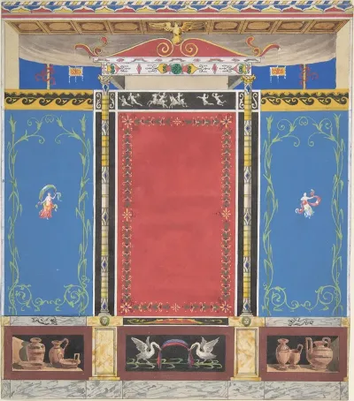 Painted Wall Decor Featuring Thin Column With A Pair Of Swans And Trompe Loeil Vases At Base