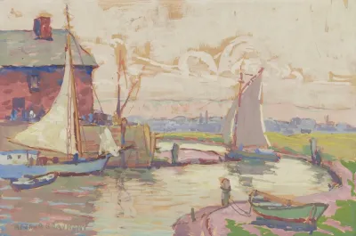 Painting Of Sailboats In Harbor Against Pastel Sky