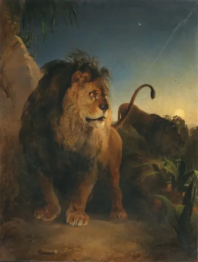 Pair Of Lions On A Moonlit Night