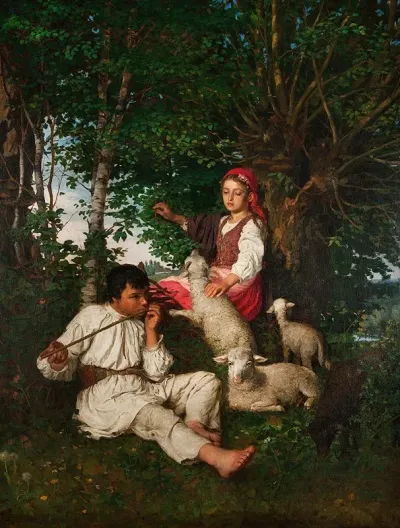 Pair Of Shepherds In The Forest Idyll