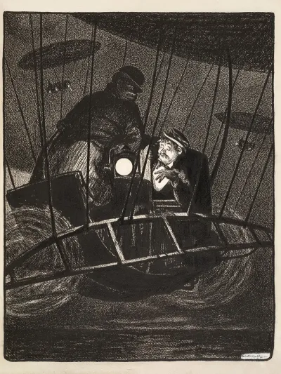 Pairs Of Men Fly At Night In Dirigibles