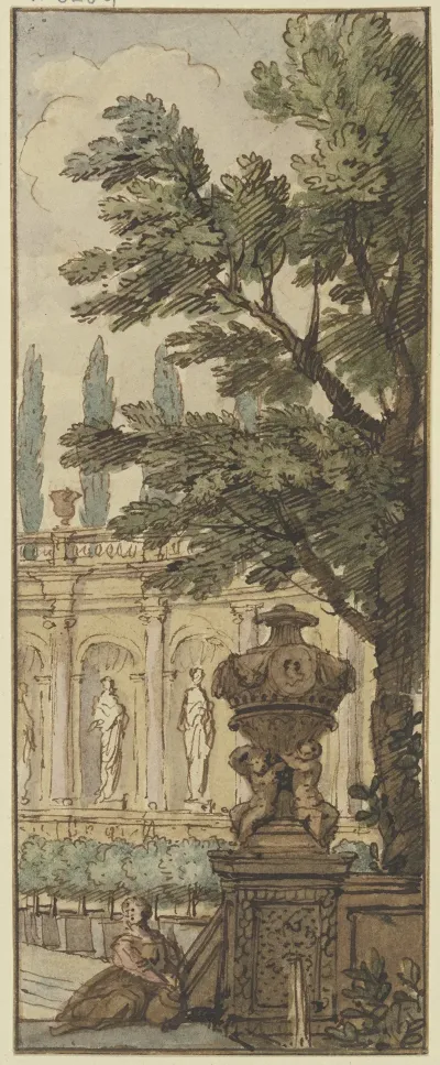 Panneau Im Vordergrund Eine Vase Im Hintergrund Ein Orangeriegebaude