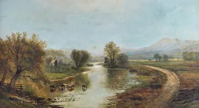 Panoramic Landscape With Farms River Cows And Mountains