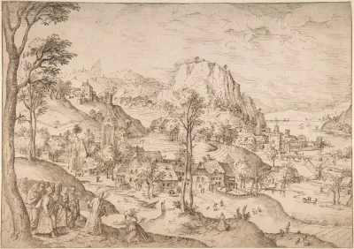 Panoramic Mountainous Estuary Landscape With Christ And The Woman Of Canaan