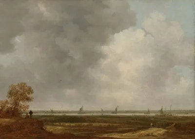 Panoramic View Of A River With Low Lying Meadows
