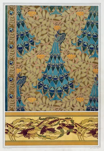 Paons Dans Les Sorbiers Pochoir Poissons Et Algues Bordure