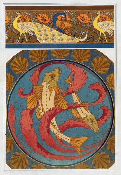 Paons Et Pavots Bordure Grondins Algues Et Coquilles Plat En Email Cloisonne