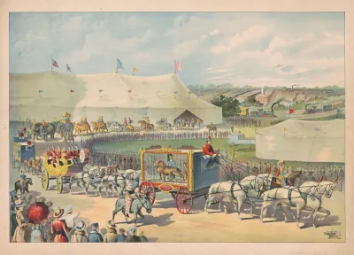 Parade With Lion In Cage On Wagon Circus Tent In Background