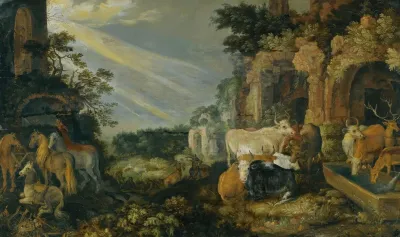 Paradise Landscape With Horses Cows Goats And Herders