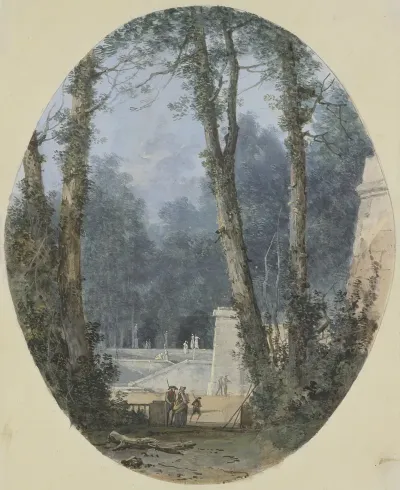 Park Landscape With Tall Trees And Stone Ramp In Mid Field