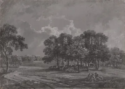 Park Scene With Deer Cattle And A Group Of Figures