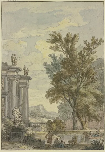 Parkansicht Links Ein Gebaude Mit Saulen Und Statuen Davor Ein Bassin Auf Welchem Eine Gondel Fahrt