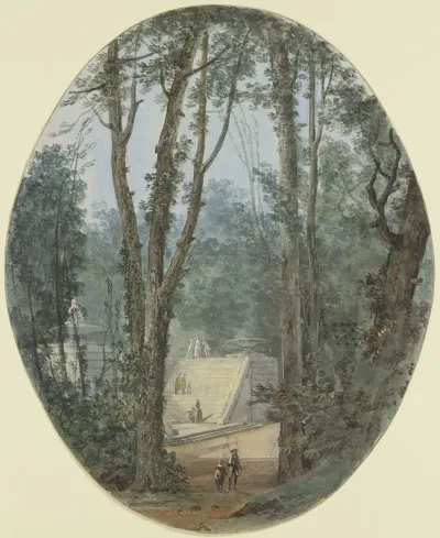 Parklandschaft Mit Hohen Baumen Und Dem Blick Auf Einen Treppenanstieg Im Mittelgrund