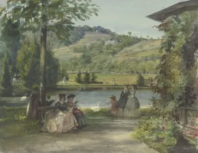 Parklandschaft Mit Teich Und Schwanen
