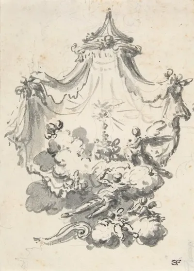 Parted Curtains Revealing Angels Upon Clouds Worshipping A Monstrance