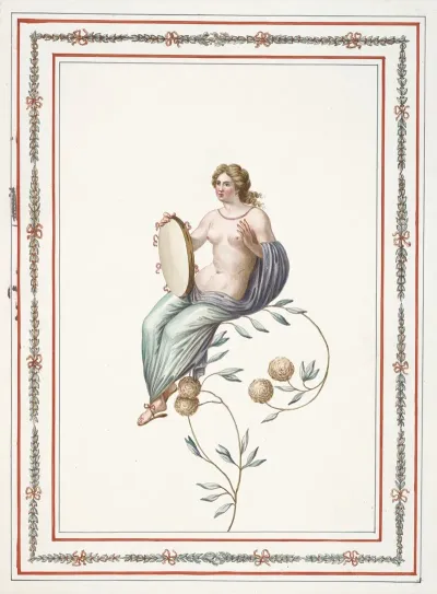Partially Nude Woman Sitting On Flowering Branch Holding Tambourine