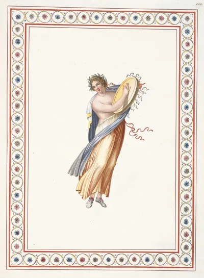Partially Nude Woman Wearing Wreath And Playing Tambourine