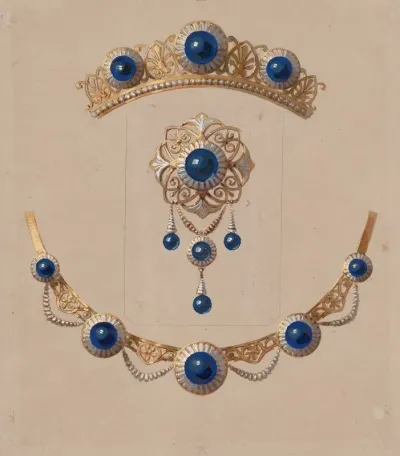 Parure Of Diadem Brooch And Necklace With Lapis Lazuli And Enamel