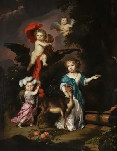Pastoral Family Portrait Of Four Children Personifying Mythological Figures Including Ganymede And Diana With A Deer