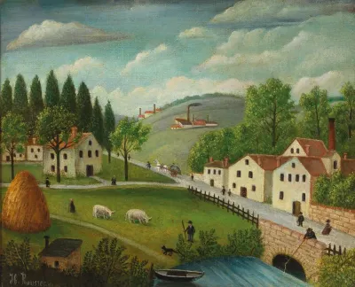 Pastoral Landscape With Stream Fisherman And Strollers