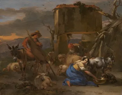 Pastoral Scene With A Shepherdess Milking A Goat