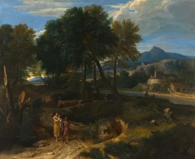 Pastorale Avec Un Jeune Patre Et Une Femme Avec Un Enfant Dans Les Bras