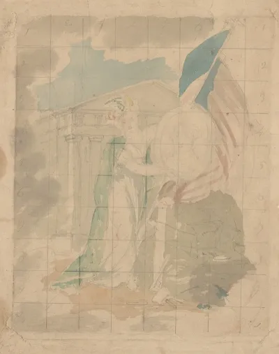 Patriotic Allegory With Female Figure Standing Before Greek Temple Holding Shield Bearing Washington Portrait