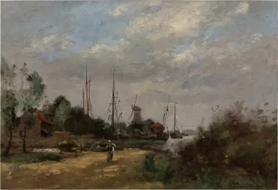 Paysage A La Lavandiere Et Au Moulin Hollande