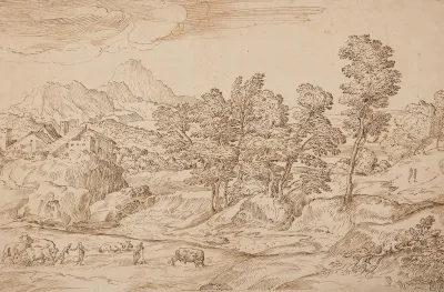 Paysage Arbore Avec Des Paysans Et Leur Troupeau Au Premier Plan